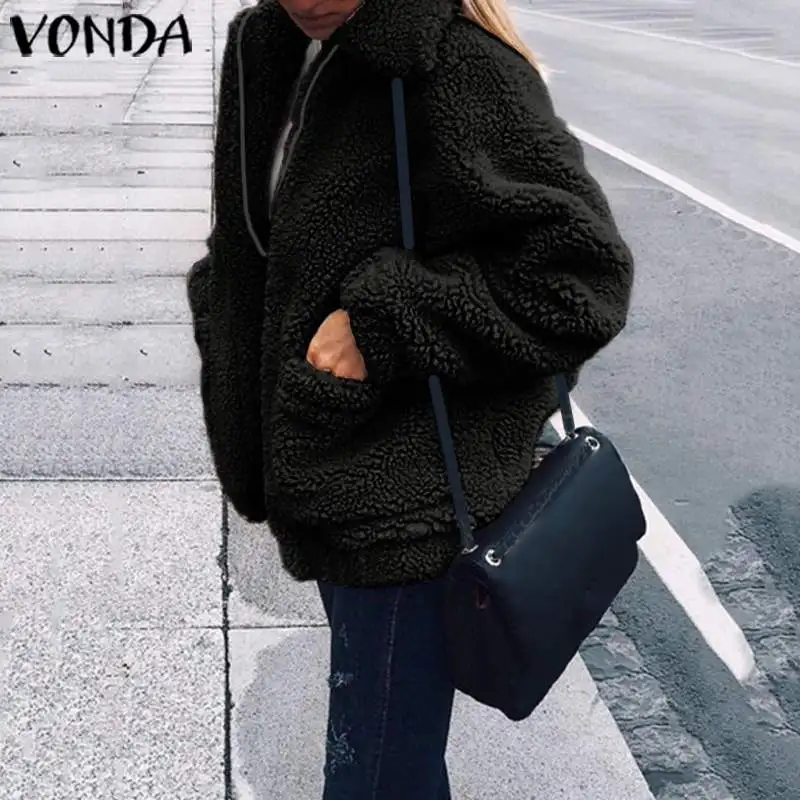 VONDA новые Для женщин пальто из искусственного меха Осенне-зимнее пальто, куртки на молнии с длинным рукавом Кардиган, большие размеры Повседневное свободные пальто 5XL