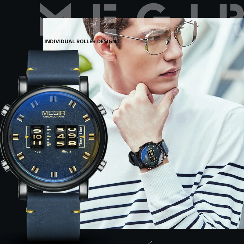 

MEGIR Men Watch Top Luxury Brand Military Sport Quartz Wrist Watches Leather Army Digital Blue Clock Relogio Masculino New 2137
