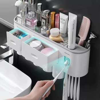 

Magnetic Adsorption Inverted Automatic Toothpaste Dispenser Bathroom Accessories Set Toothbrush Holder Wall Mount Rack Storage