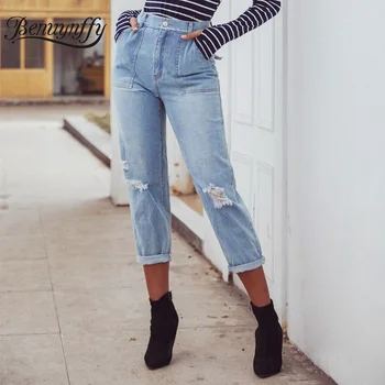 

Benuynffy Vintage Pocket Washed Hole Jeans Women Summer Casual Office Ripped Straight Pants Ladies High Waist Jeans with Belt