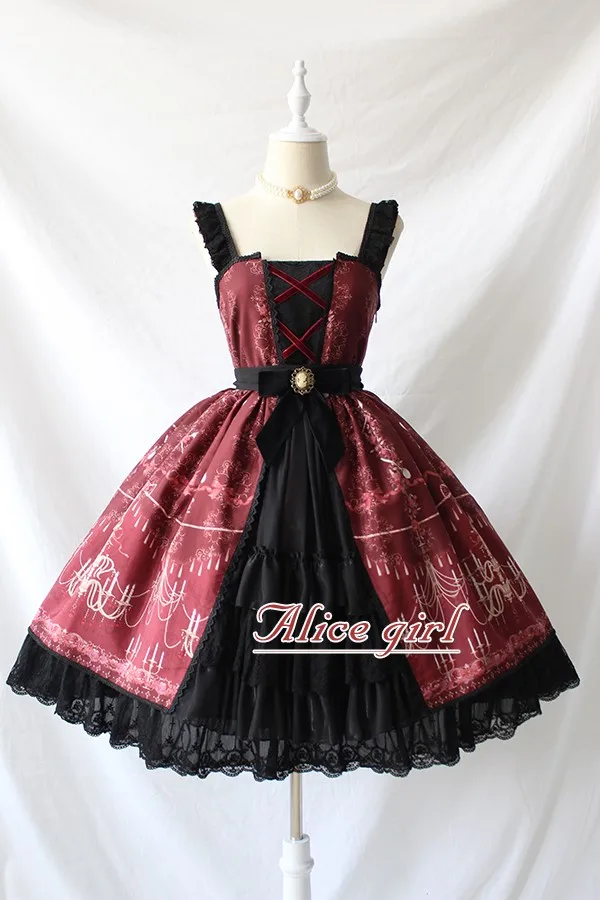 Люстра печатных Готический Лолита JSK платье с разрезом спереди Хэллоуин вечерние платья от Alice Girl - Цвет: Красный