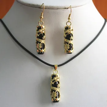 

Hot sell good wholesale/retail unique Chinese black cylinder jade pendant & earring set