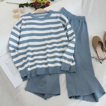 

2020 autumn new retro striped long-sleeved sweater + loose wide-leg pants casual Two-piece sets TZ384