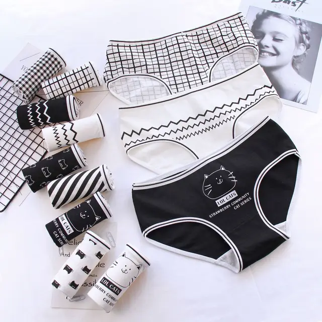 Sous-vêtements en coton pour femmes, noir et blanc, respirant, tendance, taille moyenne, slip, entrejambe 2