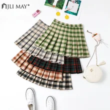 JLI может Высокая талия авокадо цветные юбки осень зима повседневные клетчатые плиссированные ампир Сладкий Harajuku консервативный Стиль Женская короткая юбка