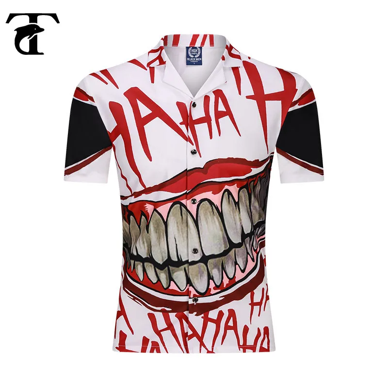 

2020 Funny Ghost Teeth Printed Men Shirt New Fashion Personality Shirts English A Letter Short Sleeve Plus Size Casual Blouse