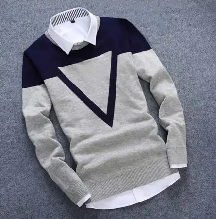 Новинка, вязаный мужской свитер, треугольный, модный, мужской, Повседневный, хлопок, осень, мужские свитера, Ложная Рубашка, сохраняющая тепло, зимний, для мужчин, J705 - Цвет: Gray