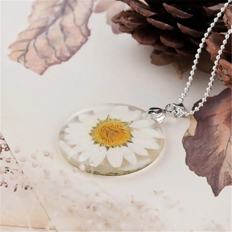 

Boho Handmade Necklace Ball Chain Transparent Resin Dried Flower Daisy Round Silver Multicolor Fashion Jewelry 45cm Long, 1 PC
