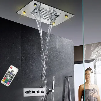 

Ceiling Bathroom Shower Faucet Set LED With Remote Control Built-in Thermostatic Shower Mixer Valve Three Way handdouche 500x360