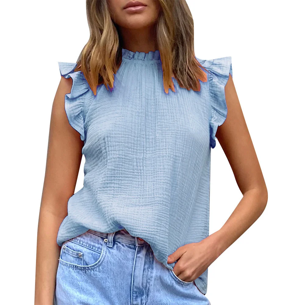 2022 Fashion Women Vest Blouse Summer New Sleeveless Chiffon Shirt Solid Ruffle O-Neck Casual Blouse Loose Oversized Female Tops