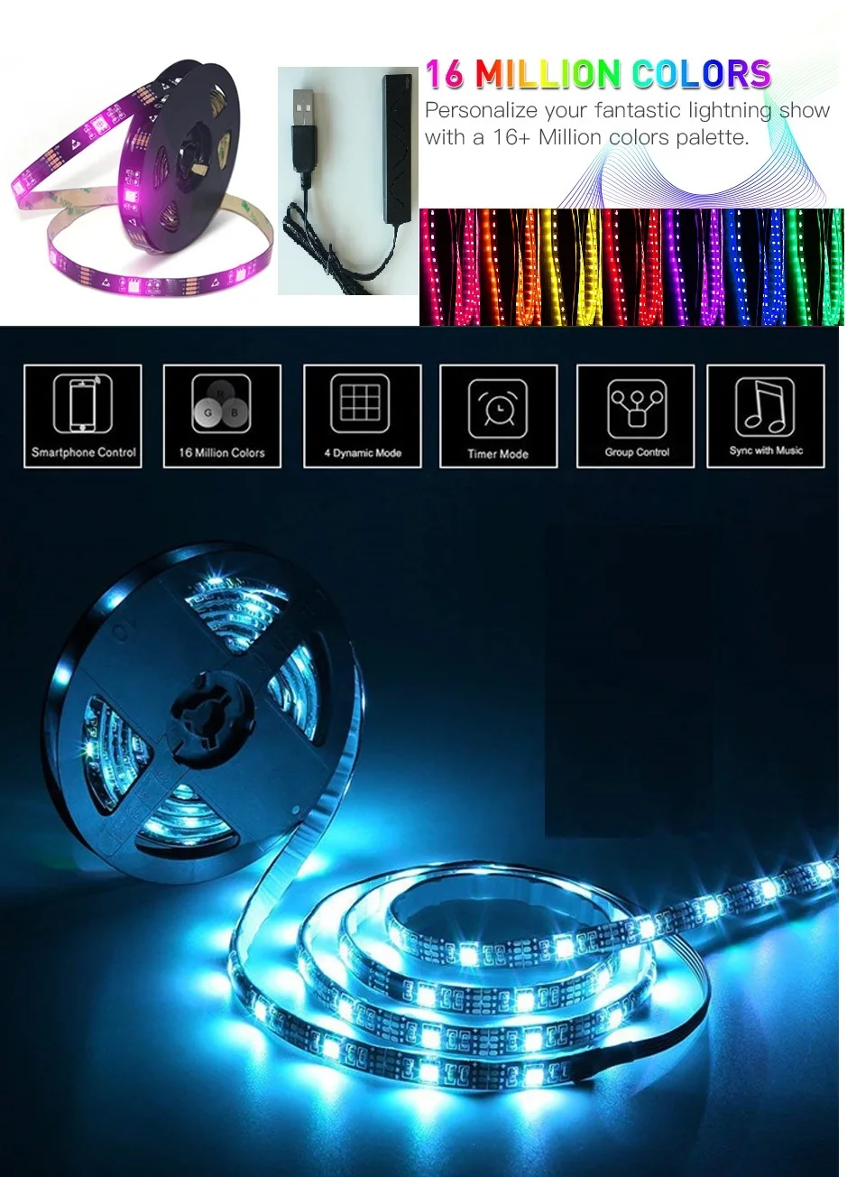 Многоцветный RGB лента Bluetooth USB Светодиодная лента ТВ ПОДСВЕТКА Гибкая неоновая лампа 5 в 2 м SMD5050 Мини Bluetooth контроллер светодиодный RGB светильник - Цвет: Многоцветный