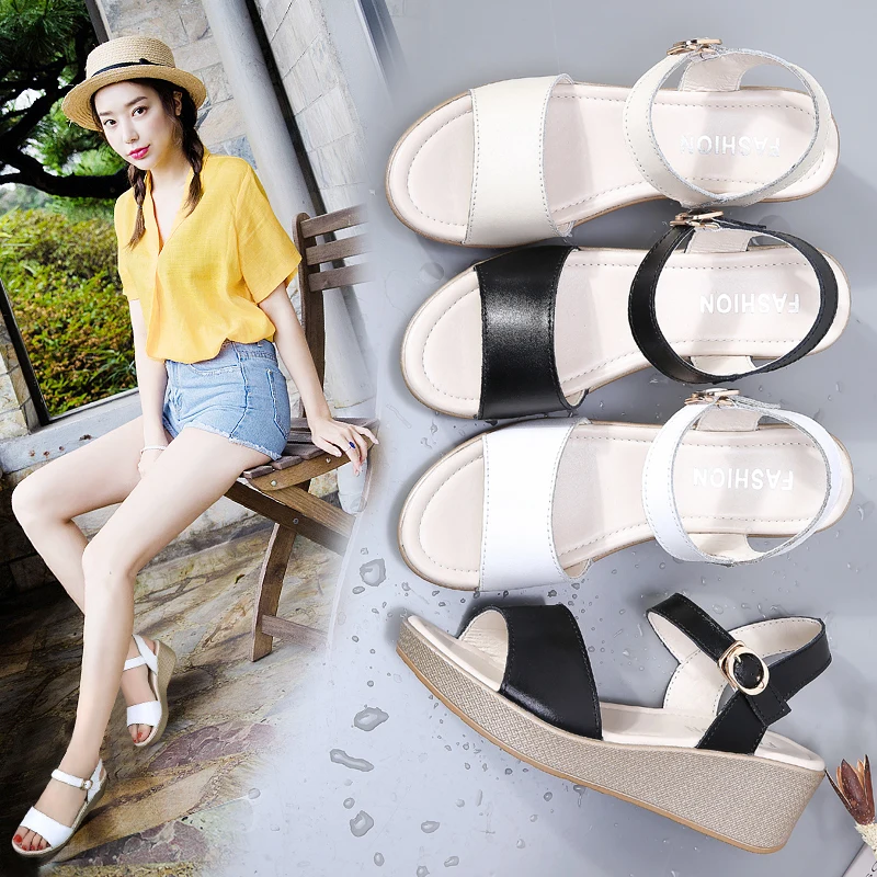 

Korean Version of The Wild Leather 2020 New Summer Increased Slope with Toothy Sandals Women's Shoes High Heel Sandals
