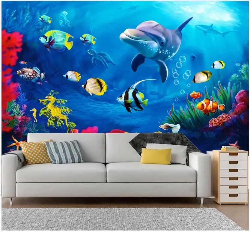 

Custom photo wallpaper for walls 3 d murals wallpaper Underwater world 3D stereo dolphin living room TV background wall papers