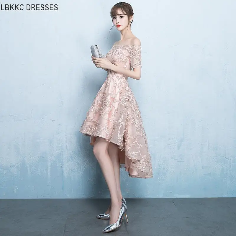 

High Low Homecoming Dresses Pink Off The Shoulder Lace Prom Party Dresses Semi Formal Dress Formal Dresses Short Junior Dresses