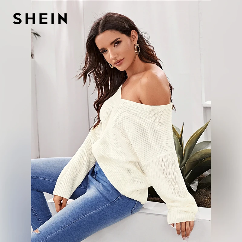 SHEIN бежевый Однотонный свитер на завязке с открытой спиной для женщин Осень Зима V образным вырезом с длинным рукавом Highstreet сексуальные свитера