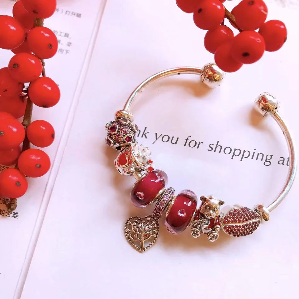 

Keris Store High Quality 1:1 100%925 Sterling Silver Charm Red Glaze Beads Bear Opening Bracelet Free Shipping