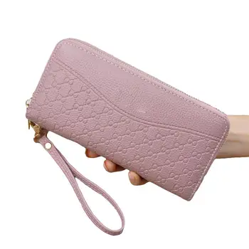 

Women Wallets Lady Wristlet Handbags Solid Color Embossed Multi Slots Faux Leather Wristlet Wallet Zipper Coin Long Purse