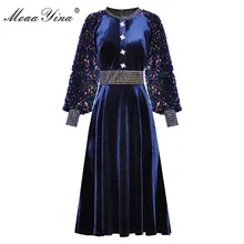 MoaaYina, модное дизайнерское платье, весна-осень, женское платье с блестками, рукав-фонарик, Кристальные пуговицы, бархатные платья