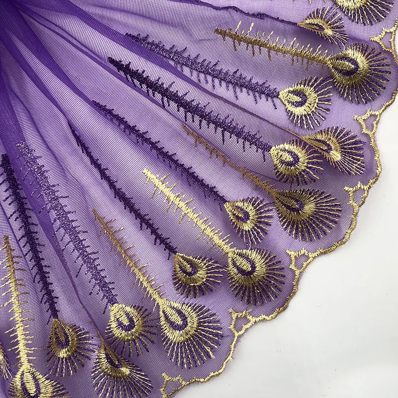 

10 ярдов в лоте, оптовая продажа, розовая, пурпурная, синяя кружевная ткань в виде павлина, сетчатая отделка, кукольная кружевная кромка, золотой цветочный узор, Ширина 27 см