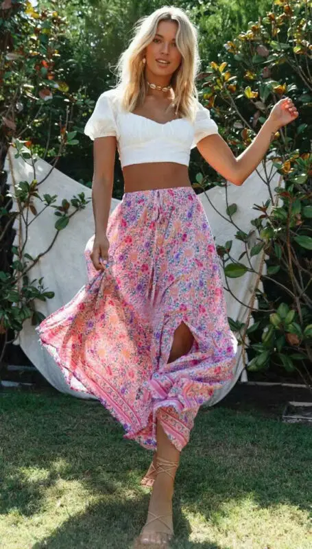 Vintage Women High Waist Long Skirt Elegant Ladies Floral Printed Holiday Maxi Skirt Ladies Beach Skirts Sundress Plus Size