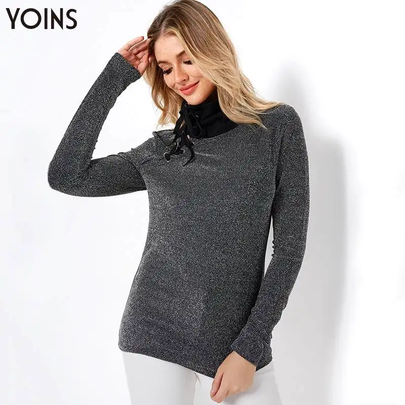 YOINS, осенне-зимние женские блузки, черные, облегающие, самозавязывающиеся, с дымоходным воротником, с длинным рукавом, рубашки, блестящие, серебристые, для чтения, блузы