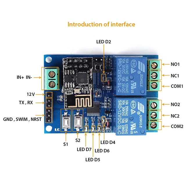 

A7-- 12V WIFI Relay Module ESP8266 Remote Controller 2-Channel Smart Home mobile Phone Automation Board Dual WiFi Module
