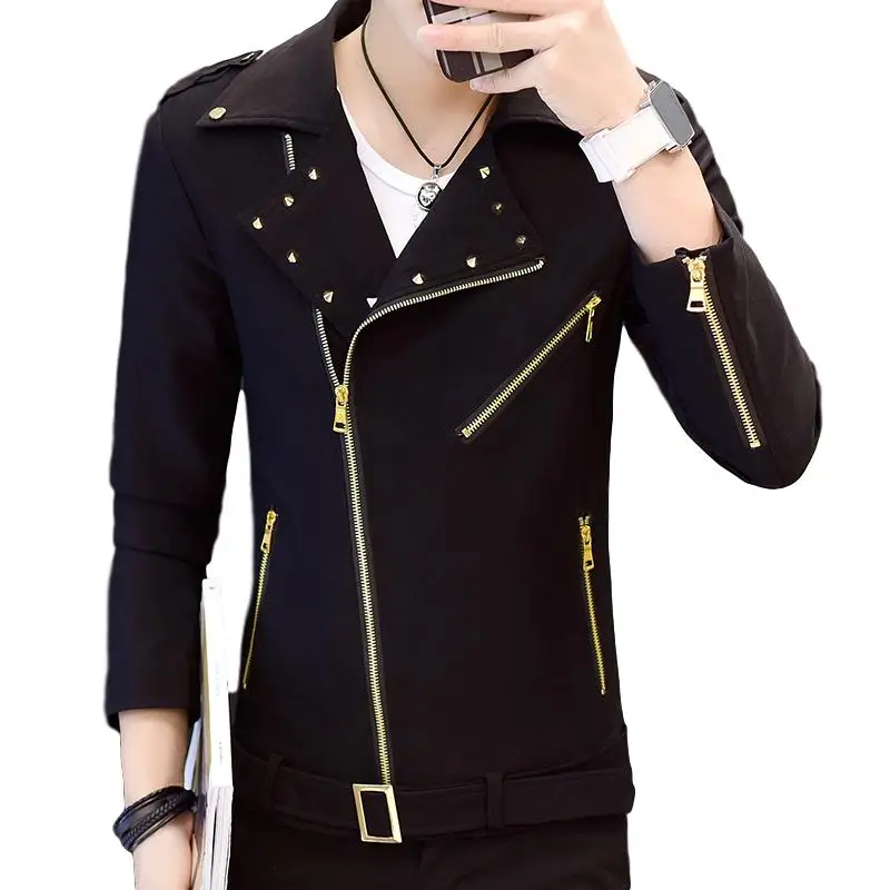 

Idopy Fashion Korean Style Mens Motorcycle Jacket Irregular Zipper Studded Zip Up Lapel Collar Rivet Punk Coat For Male