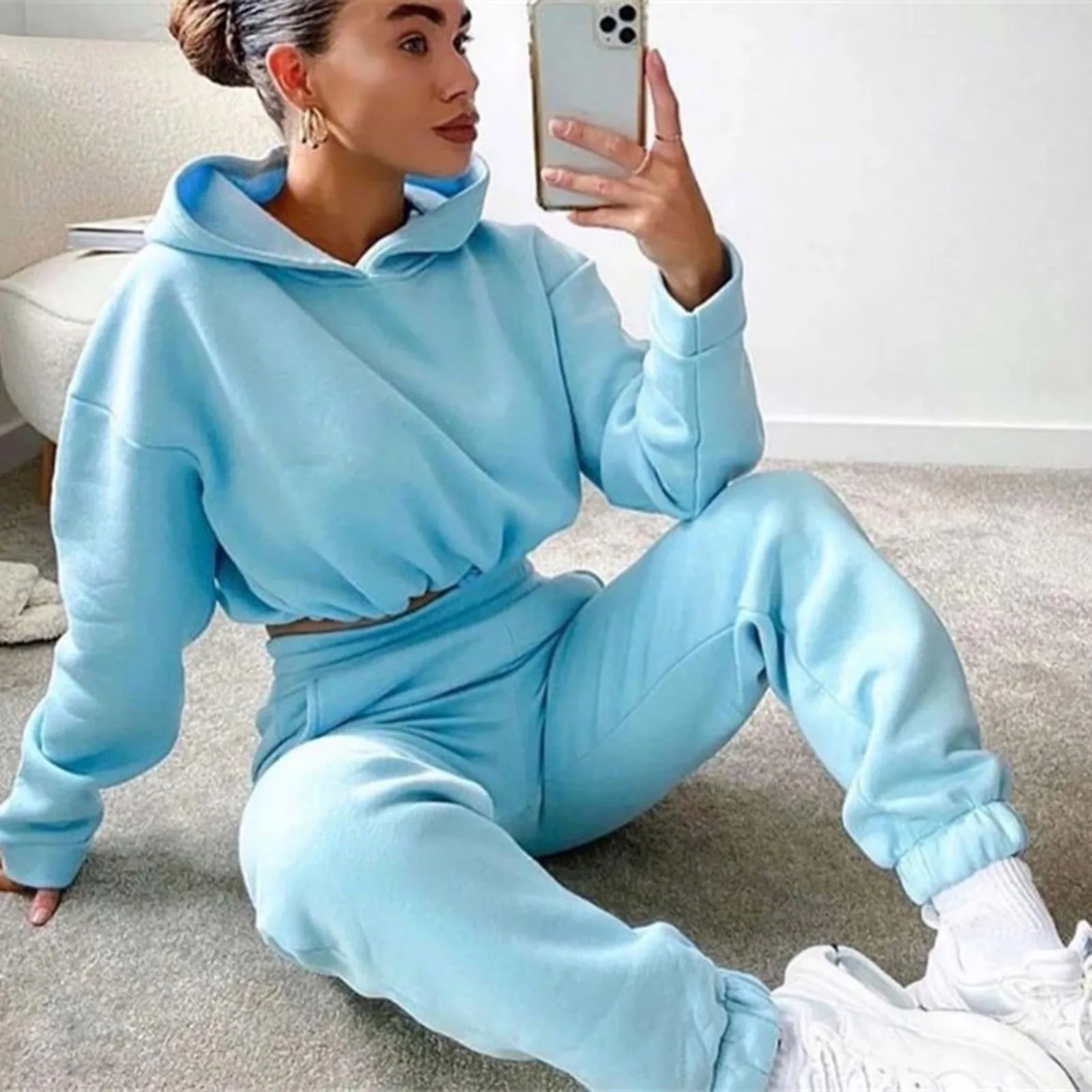 Women Sports 2 Pieces Set Sweatshirts Pullover Hoodies Pants Suit 2020 Home Sweatpants Trousers Outfits Solid Casual Tracksuit