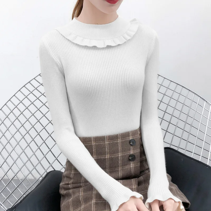 Kintted Women Sweater Solid Color Long Sleeve Jumpers Korean Slim Fashion Autumn Spring Base Pullover Black White Apricot Blue Kintted Women Sweater Solid Color Long Sleeve Jumpers Korean Slim Fashion Autumn Spring Base Pullover Black White Apricot Blue