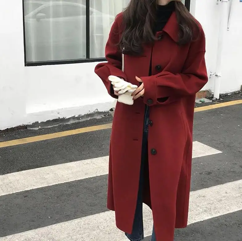 Women Woolen Coat Autumn Winter Outerwear New Fashion Single-breasted Jackets Long Large Size Black Red Coats Female