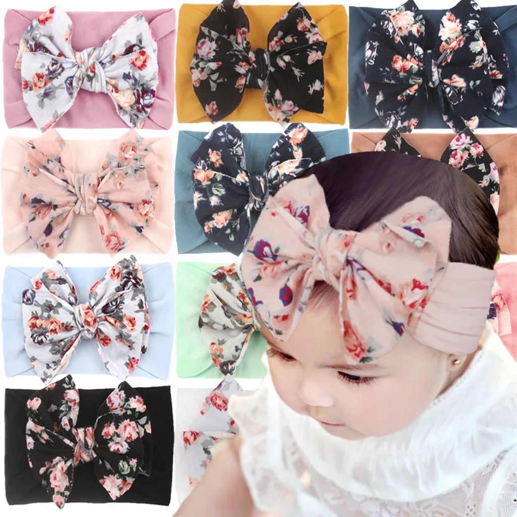 Turbante elástico con lazo y estampado de flores para bebé y niña, accesorios para el cabello, diadema para niño, cintas para el pelo, fotografía de recién nacido