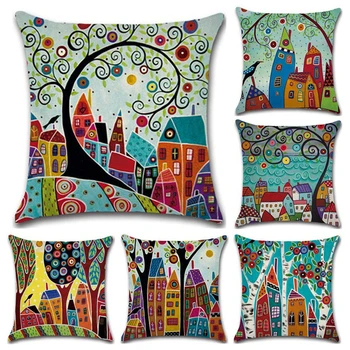 

Hand-Painted Linen Throw Pillow Case Retro Color Cities Cushion Cover 45*45cm Pillow Cover Car Home Decoration Pillowcase