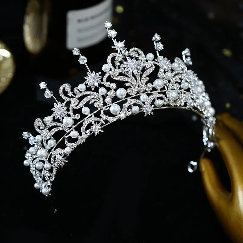 

Wedding Hair Accessories Zironia Pearl Tiara Zircon Queen Princess Crown Pageant Evening Dress Diadem For Bride Bridal Jewelry