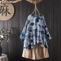 2019 ZANZEA повседневные 3/4 рубашки с рукавами-фонариками женские свободные блузки с круглым вырезом и пуговицами винтажные туники в горошек