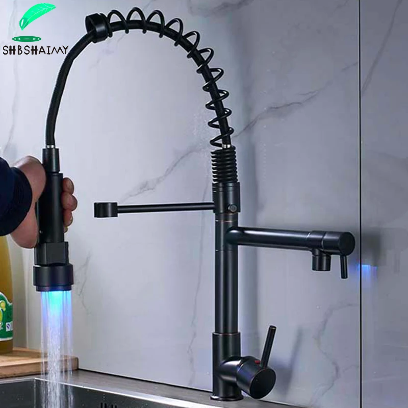 

Black Chrome Kitchen Faucet LED Light Pull Down Spring Kitchen sink faucets Dual Swivel Spout Kitchen Torneira Hot Mixer Tap
