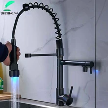 Shbshaimy preto chrome torneira da cozinha led luz puxar para baixo primavera pia torneiras dupla bica giratória torneira da cozinha quente misturadora
