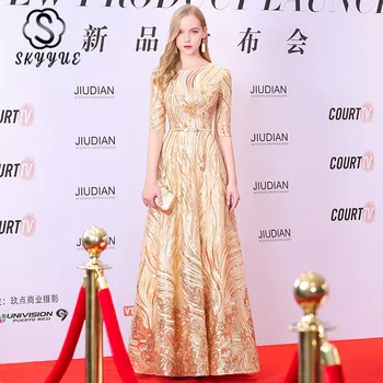 

Evening Dress Skyyue K179 Gold Sequins Glitter Formal Dresses Elegant O-neck Flowers Robe De Soiree Long Prom Party Gowns