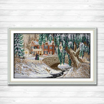 

Christmas Snow-covered landscape Printed on canvas DMC 11CT 14CT Cross Stitch kit needlework Sets embroider,Europe snow Scenery