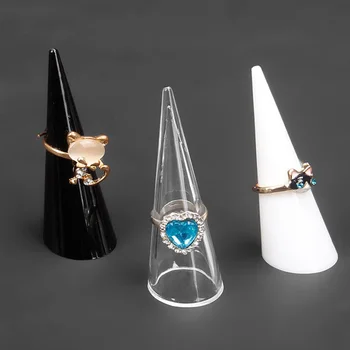 

Clear white black fashion popular mini jewelry finger ring plastic triangle cone jewelry storage display stand