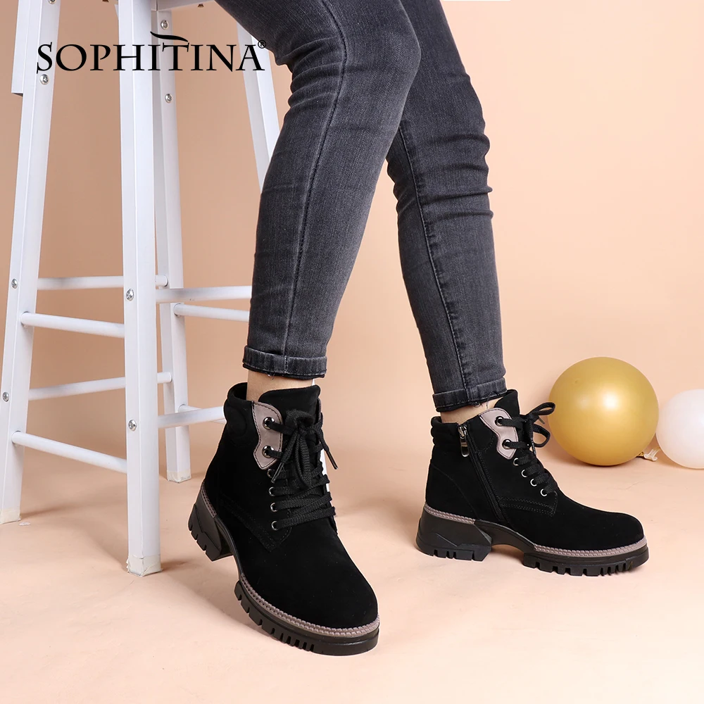 

SOPHITINA Winter Warm Casual Ankle Boots Wool Woman Black Genuine Leather Platform Thick Bottom Lace Up Bordered Shoes PC875