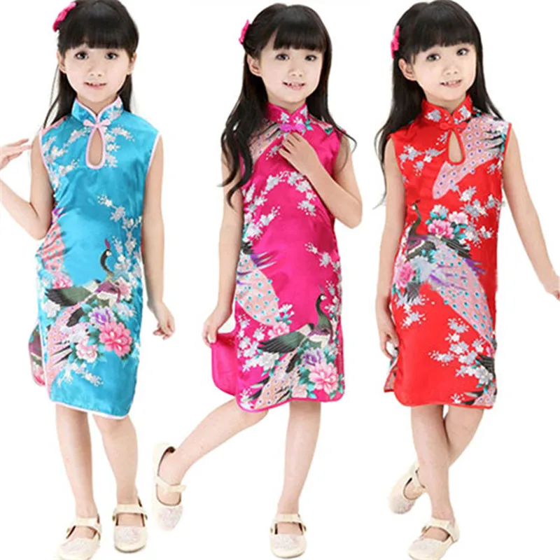 New Hot Sale High quality Fashion Children Girls Chinese Cheongsam Floral Peacock Lapel Sleeveless Summer Dress