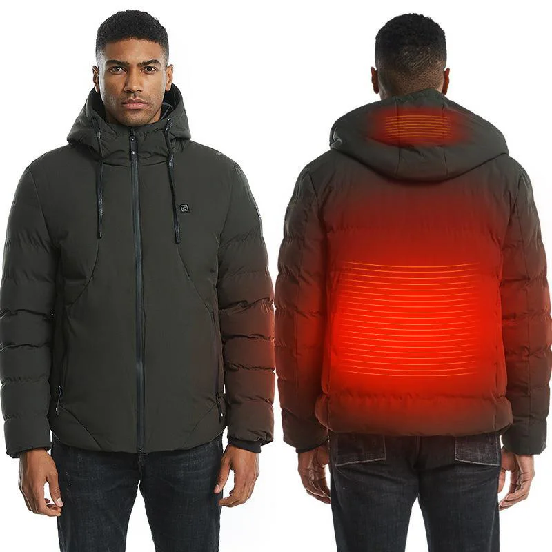  Men's Winter Outdoor Intelligent USB Work Hooded Heating Jacket Coats Adjustable Temperature Contro