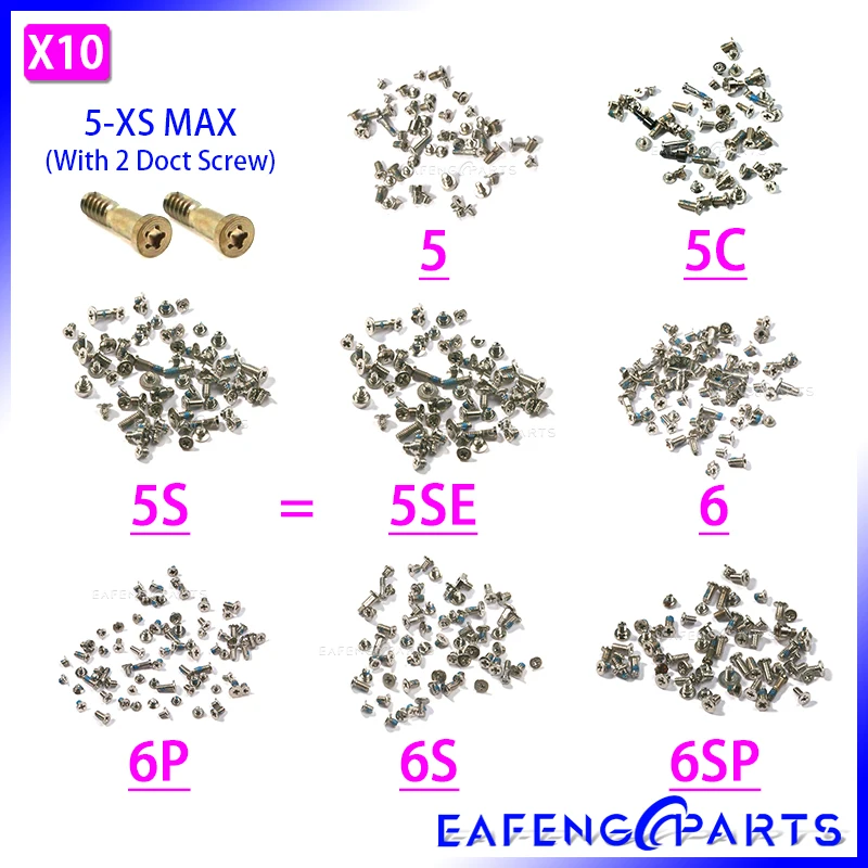 

Full Screw Kit For iPhone 5 5S SE 6 6S 7 8 Plus XS Max XR X Complete Screw with 2 Bottom Dock Screw Parts Repair Bolts