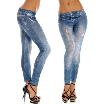 

Women Imitation Distressed Ripped Denim Jeans Leggings Casual Fashion High Waist Slim Elastic Skinny Pencil Pants #T1P