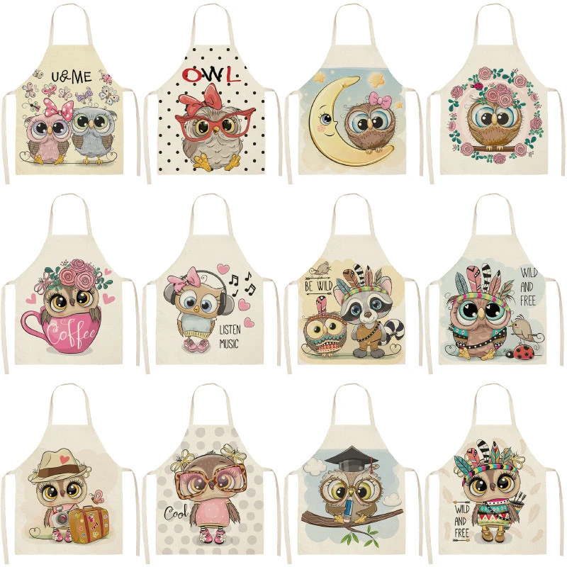 1PC Owl Cotton Sleeveless Apron Linen Flower Printed Kitchen Brief Pinafore Women Home Cooking Baking Waist Bib 53*65cm WQL0148
