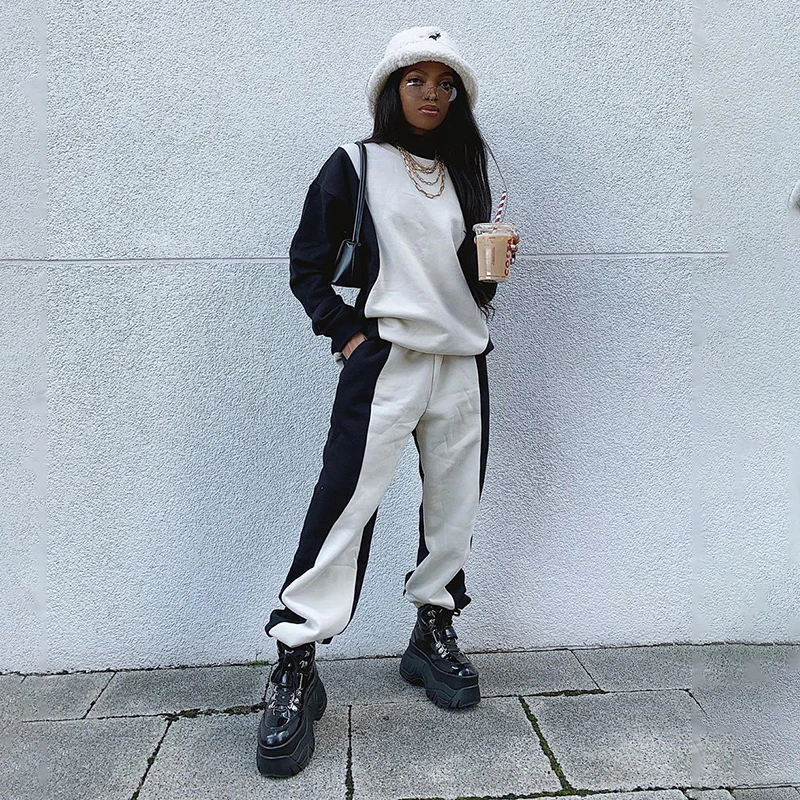 

Spring Autumn Color Block Outfit Women Long Sleeve Round Neck Tops+ Pants with Pockets Women Set Track Suit Clothing Sets