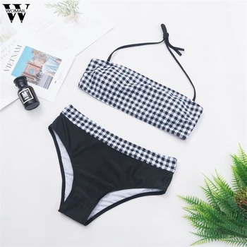 

Bikinis set 2020 swimwear Plaid Print Two Pieces Strapless Bandeau Biquini Mujer Beach wear Backless swimsuit women holiday P0