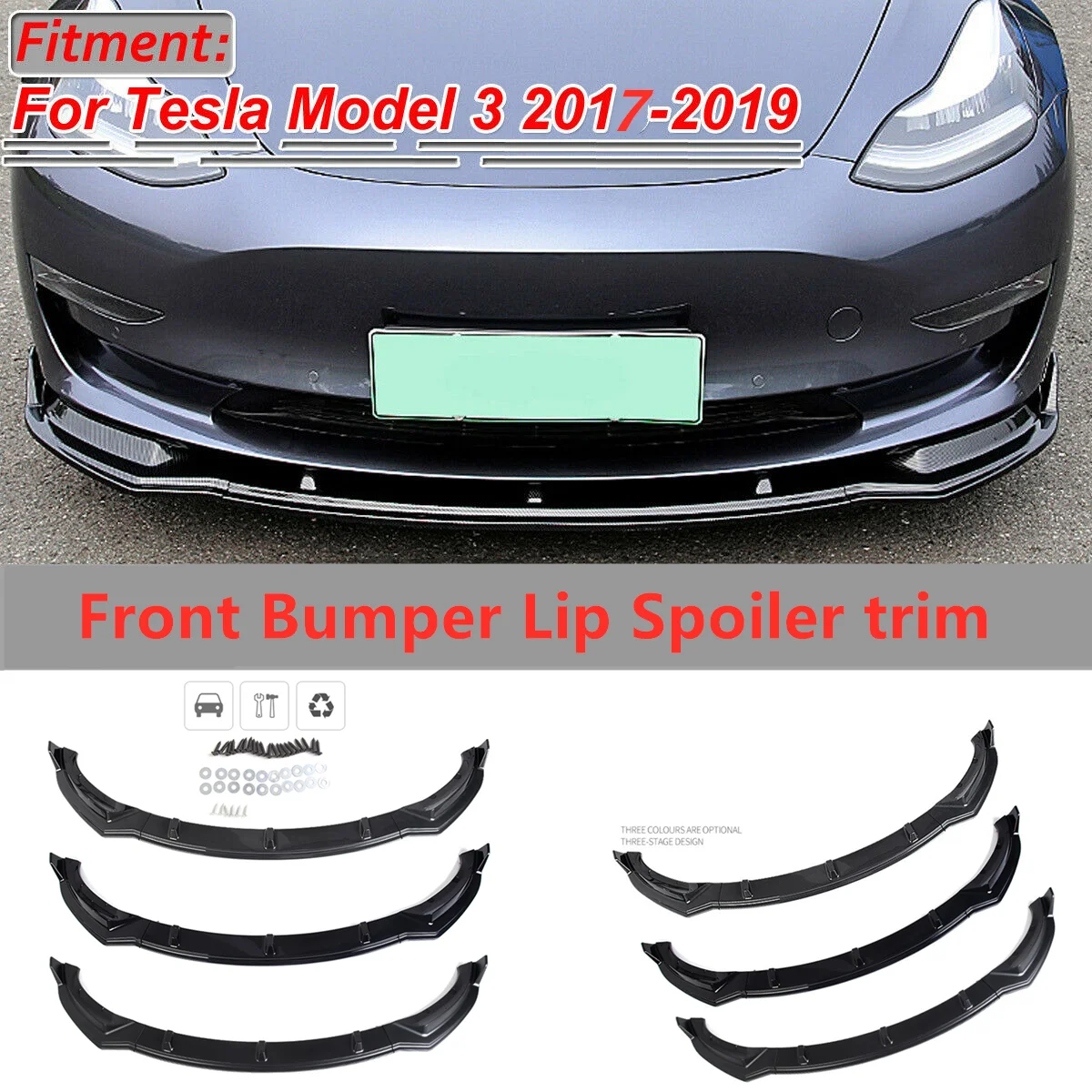

For Tesla Model 3 2017 2018 2019 Car Styling Exterior Front Bumper Lip Body Kit Spoiler Decoration Cover Trim 3pcs