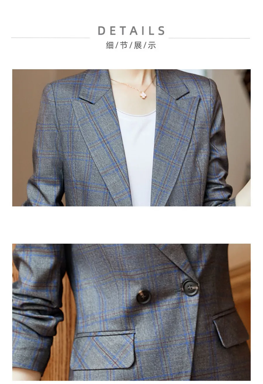 Новый осенний приталенный женский формальный пиджак офисный Рабочий костюм зубчатый женский плед с длинным рукавом femme пальто Модные
