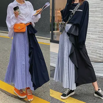 

Fashion Ladies Patchwork Skirts 2020 New Casual Flared Pleated Mid Skirts Women High Waist Long Dress Lace Up Sweet Skirts Shein